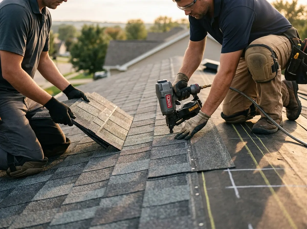 Professional roofer working on a residential roof in Westborough